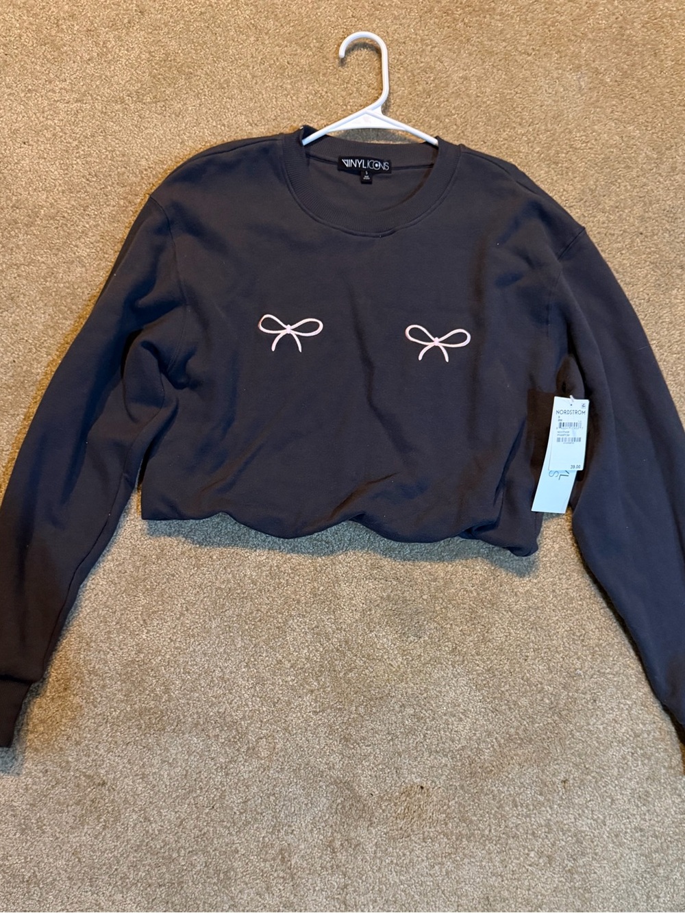 Nordstrom Vinyl Icons Gray Cropped Crewneck Sweatshirt with Pink Bow Embroidery